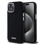 DKNY Liquid Silicone Silver Metal Logo Magsafe Zadní Kryt pro iPhone 15 Black