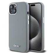 DKNY Liquid Silicone Silver Metal Logo Magsafe Zadní Kryt pro iPhone 15 Grey