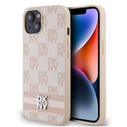 DKNY PU Leather Checkered Pattern and Stripe Zadní Kryt pro iPhone 15 Pink