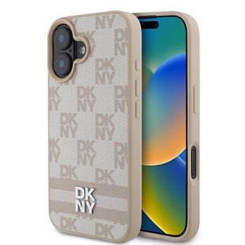 DKNY PU Leather Checkered Pattern and Stripe Zadní Kryt pro iPhone 16 Pink