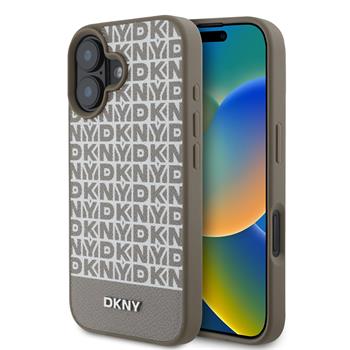 DKNY PU Leather Repeat Pattern Bottom Stripe MagSafe Zadní Kryt pro iPhone 16 Brown