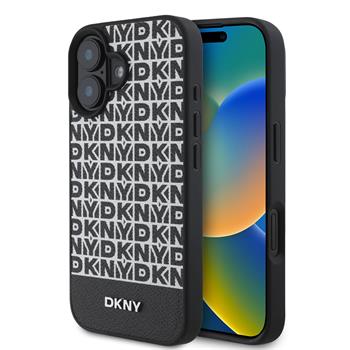 DKNY PU Leather Repeat Pattern Bottom Stripe MagSafe Zadní Kryt pro iPhone 16 Plus Black