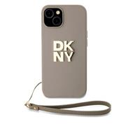 DKNY PU Leather Stack Logo Wrist Strap Zadní Kryt pro iPhone 13 Beige