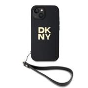 DKNY PU Leather Stack Logo Wrist Strap Zadní Kryt pro iPhone 13 Black