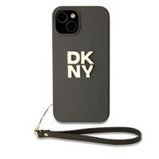 DKNY PU Leather Stack Logo Wrist Strap Zadní Kryt pro iPhone 13 Brown