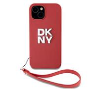 DKNY PU Leather Stack Logo Wrist Strap Zadní Kryt pro iPhone 13 Red