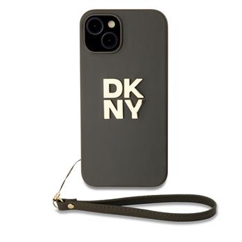 DKNY PU Leather Stack Logo Wrist Strap Zadní Kryt pro iPhone 14 Brown