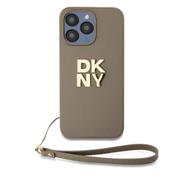 DKNY PU Leather Stack Logo Wrist Strap Zadní Kryt pro iPhone 14 Pro Beige