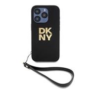 DKNY PU Leather Stack Logo Wrist Strap Zadní Kryt pro iPhone 14 Pro Black