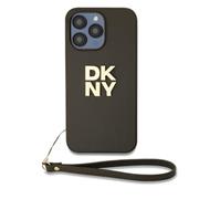 DKNY PU Leather Stack Logo Wrist Strap Zadní Kryt pro iPhone 14 Pro Brown