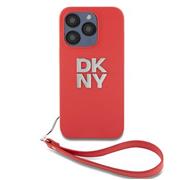 DKNY PU Leather Stack Logo Wrist Strap Zadní Kryt pro iPhone 14 Pro Max Red