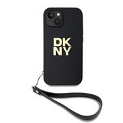 DKNY PU Leather Stack Logo Wrist Strap Zadní Kryt pro iPhone 15 Black