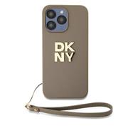 DKNY PU Leather Stack Logo Wrist Strap Zadní Kryt pro iPhone 15 Pro Beige