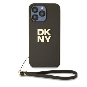 DKNY PU Leather Stack Logo Wrist Strap Zadní Kryt pro iPhone 15 Pro Brown