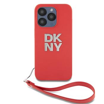 DKNY PU Leather Stack Logo Wrist Strap Zadní Kryt pro iPhone 15 Pro Red