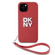 DKNY PU Leather Stack Logo Wrist Strap Zadní Kryt pro iPhone 15 Red