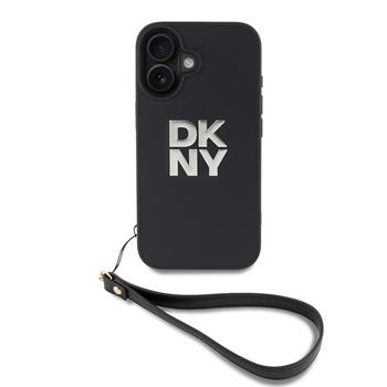 DKNY PU Leather Stack Logo Wrist Strap Zadní Kryt pro iPhone 16 Black