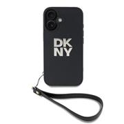 DKNY PU Leather Stack Logo Wrist Strap Zadní Kryt pro iPhone 16 Black