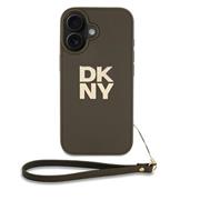 DKNY PU Leather Stack Logo Wrist Strap Zadní Kryt pro iPhone 16 Green