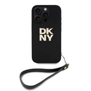 DKNY PU Leather Stack Logo Wrist Strap Zadní Kryt pro iPhone 16 Pro Black