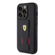 Ferrari Carbon Grip Stand Zadní Kryt pro iPhone 15 Pro Max Black