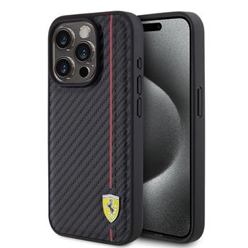 Ferrari PU Leather Carbon Vertical Red Line Zadní Kryt pro iPhone 15 Pro Black