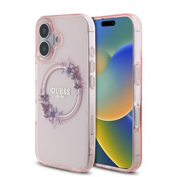 Guess IML Flowers Ring MagSafe Zadní Kryt pro iPhone 16 Pink