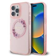 Guess IML Flowers Ring MagSafe Zadní Kryt pro iPhone 16 Pro Max Pink