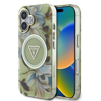 Guess IML Glitter Magnolia and Triangle Logo MagSafe Zadní Kryt pro iPhone 16 Green