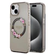 Guess PC/TPU Flowers Ring Glossy Logo MagSafe Zadní Kryt pro iPhone 15 Black 