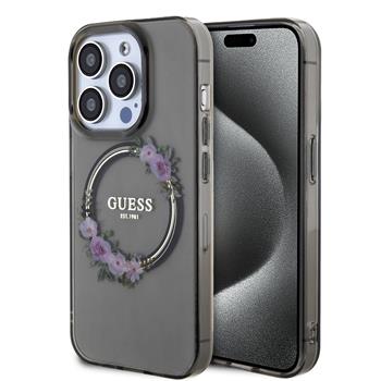 Guess PC/TPU Flowers Ring Glossy Logo MagSafe Zadní Kryt pro iPhone 15 Pro Black