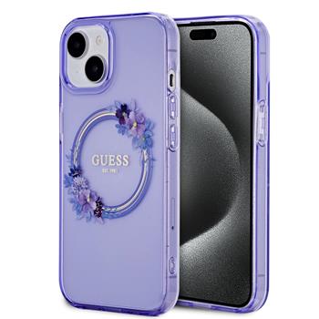 Guess PC/TPU Flowers Ring Glossy Logo MagSafe Zadní Kryt pro iPhone 15 Purple