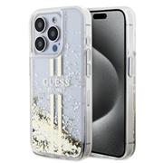 Guess PC/TPU Liquid Glitter Gold Stripe Zadní Kryt pro iPhone 15 Pro Transparent