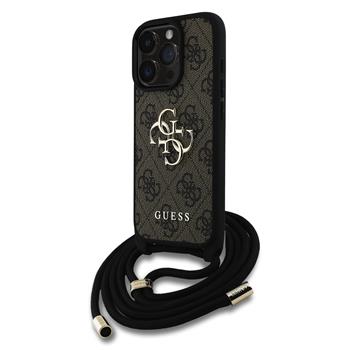 Guess PU 4G Metal Logo Crossbody Popruh Zadní Kryt pro iPhone 15 Pro Brown