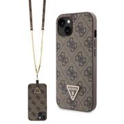 Guess PU 4G Strass Triangle Metal Logo Zadní Kryt + Crossbody Popruh pro iPhone 15 Brown