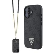 Guess PU 4G Strass Triangle Metal Logo Zadní Kryt + Crossbody Popruh pro iPhone 16 Black