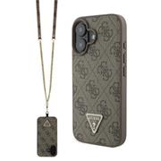 Guess PU 4G Strass Triangle Metal Logo Zadní Kryt + Crossbody Popruh pro iPhone 16 Brown