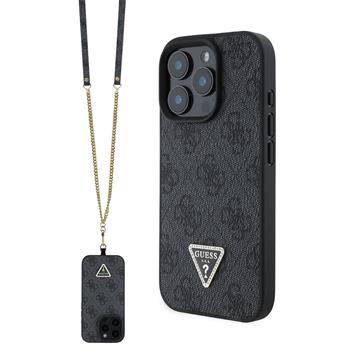 Guess PU 4G Strass Triangle Metal Logo Zadní Kryt + Crossbody Popruh pro iPhone 16 Pro Black