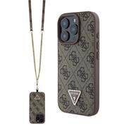 Guess PU 4G Strass Triangle Metal Logo Zadní Kryt + Crossbody Popruh pro iPhone 16 Pro Brown