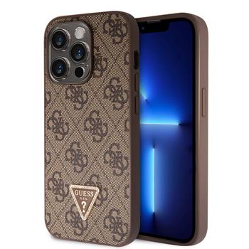 Guess PU 4G Strass Triangle Metal Logo Zadní Kryt pro iPhone 15 Pro Brown