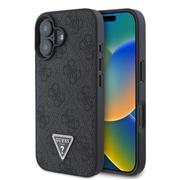 Guess PU 4G Strass Triangle Metal Logo Zadní Kryt pro iPhone 16 Black