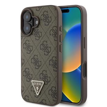 Guess PU 4G Strass Triangle Metal Logo Zadní Kryt pro iPhone 16 Brown