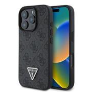 Guess PU 4G Strass Triangle Metal Logo Zadní Kryt pro iPhone 16 Pro Black