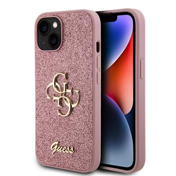 Guess PU Fixed Glitter 4G Metal Logo Zadní Kryt pro iPhone 15 Pink