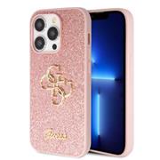 Guess PU Fixed Glitter 4G Metal Logo Zadní Kryt pro iPhone 15 Pro Pink