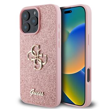 Guess PU Fixed Glitter 4G Metal Logo Zadní Kryt pro iPhone 16 Pro Max Pink