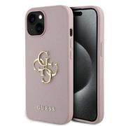 Guess PU Grained 4G Metal Logo Zadní Kryt pro iPhone 15 Pink