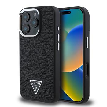 Guess PU Grained Triangle Logo Zadní Kryt pro iPhone 16 Pro Black