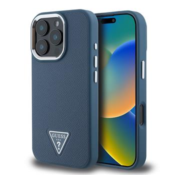 Guess PU Grained Triangle Logo Zadní Kryt pro iPhone 16 Pro Blue