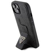 Guess PU Grip Stand 4G Strass Triangle Metal Logo Zadní Kryt pro iPhone 15 Black